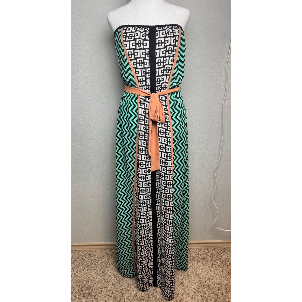 Strapless Maxi Dress Mint Green Chevron Geometric Print Medium Jealous Tomato